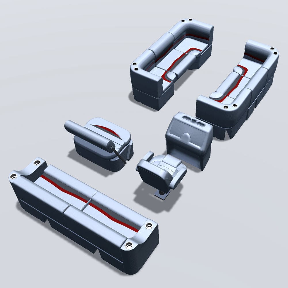 Side entry midship flip flop pontoon seat package with bow double bench and corner seats back #color_gray, red & charcoal