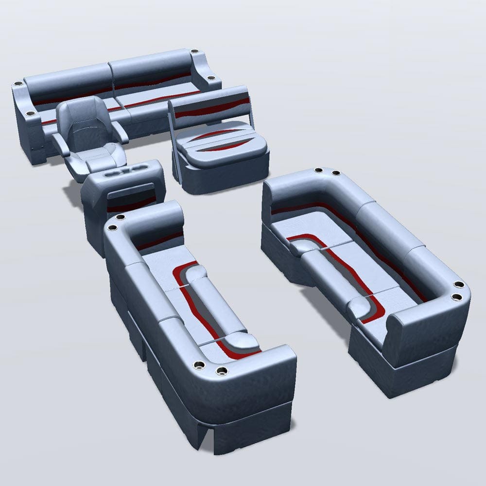 Side entry midship flip flop pontoon seat package with bow double bench and corner seats #color_gray, red & charcoal