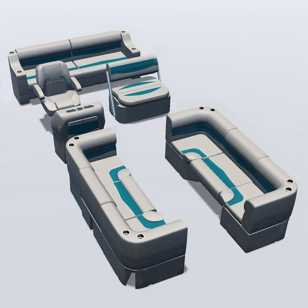 Side entry midship flip flop pontoon seat package with bow double bench and corner seats #color_ivory & teal