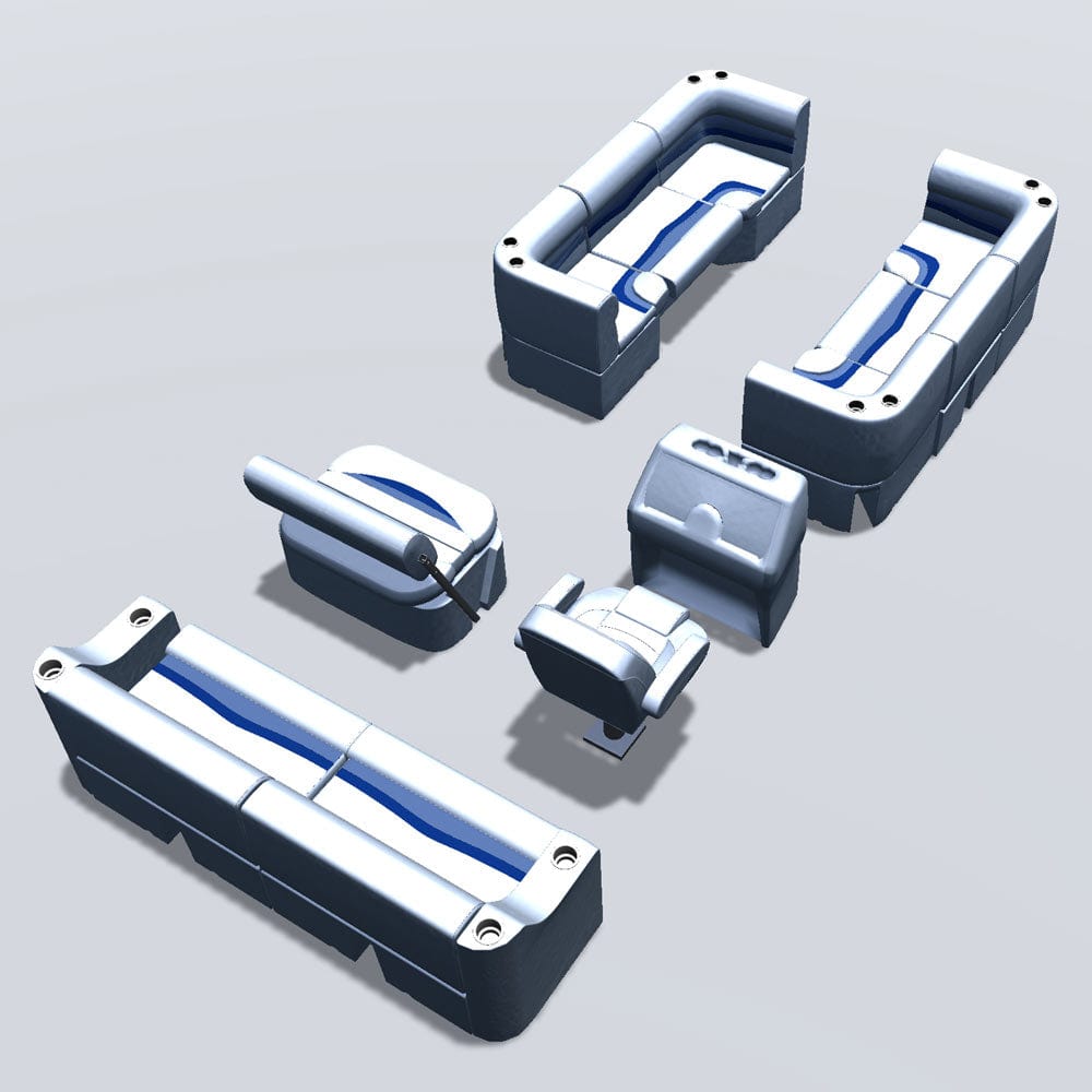 Side entry midship flip flop pontoon seat package with bow double bench and corner seats back #color_white, blue & light blue