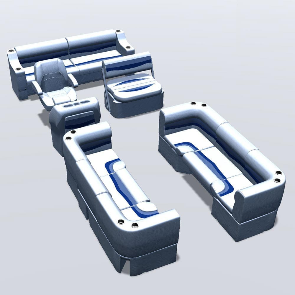 Side entry midship flip flop pontoon seat package with bow double bench and corner seats #color_white, blue & light blue
