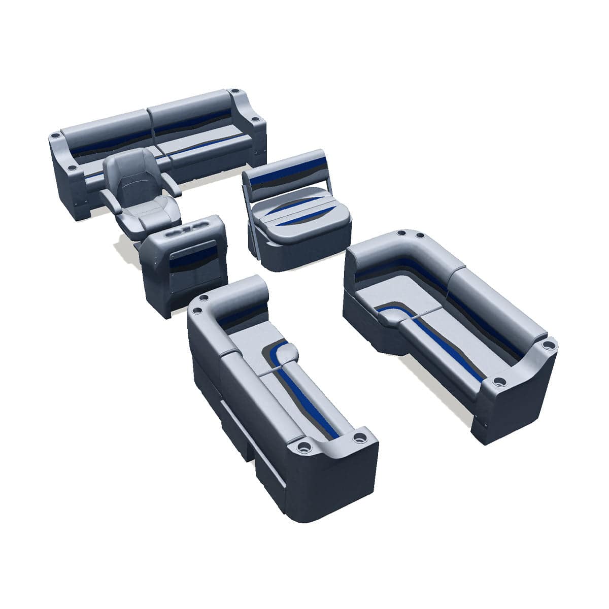 Side entry midship flip flop pontoon seat package with cupholder bow double bench and corner seats #color_gray, blue & charcoal