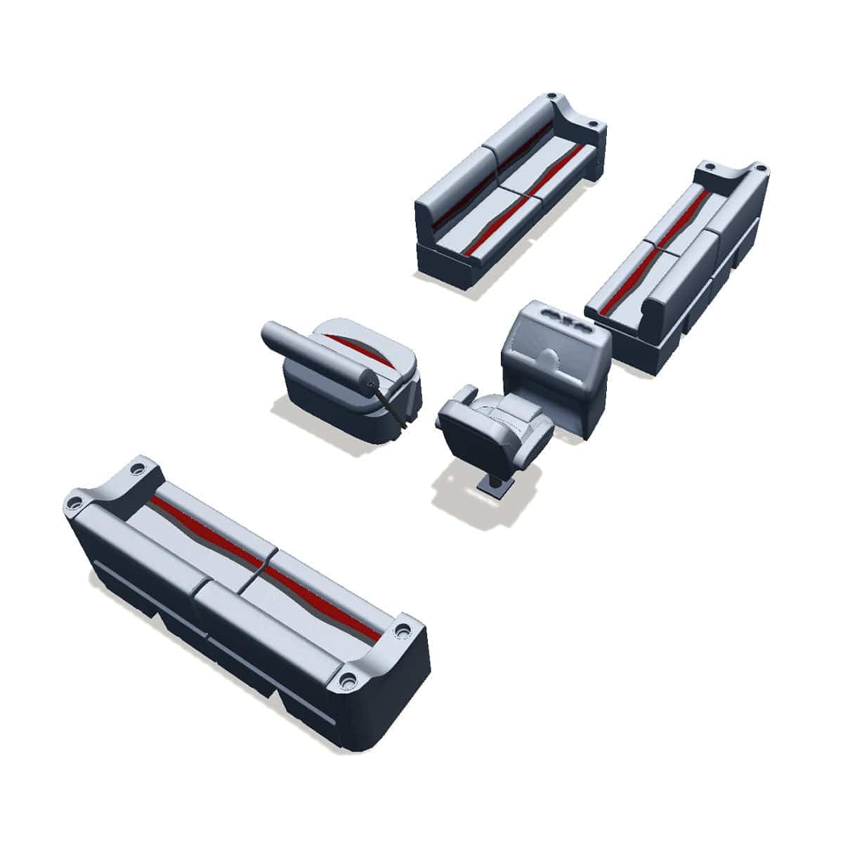 Side entry mid ship flip flop pontoon seat package with cupholder bow double bench seats #color_gray, red & charcoal
