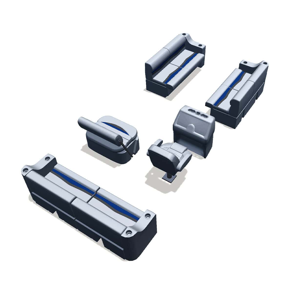 Side entry midship flip flop pontoon seat package with cupholder bow double bench seats back #color_gray, blue & charcoal