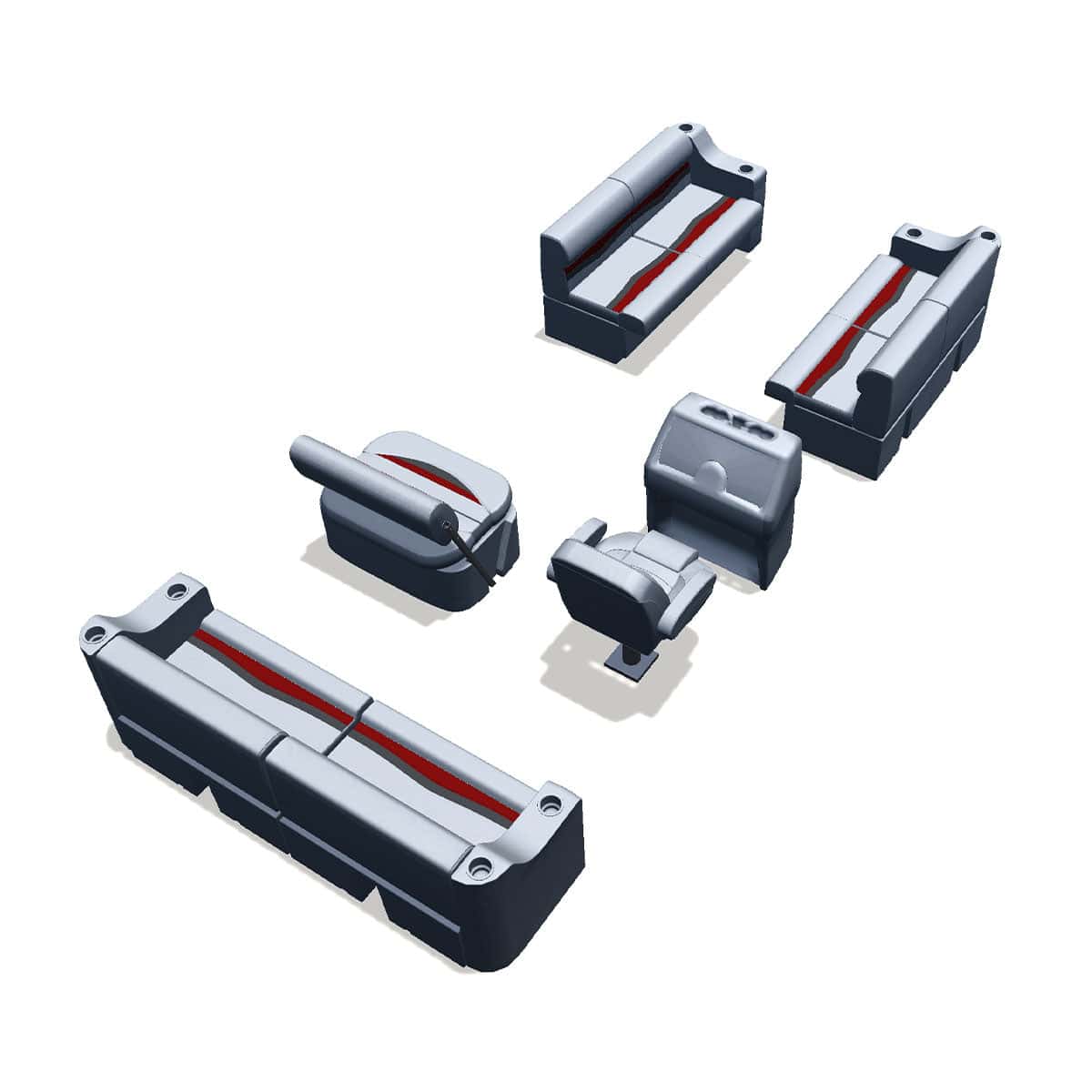 Side entry midship flip flop pontoon seat package with cupholder bow double bench seats back #color_gray, red & charcoal