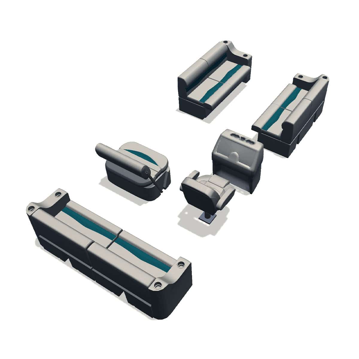 Side entry midship flip flop pontoon seat package with cupholder bow double bench seats back #color_ivory & teal