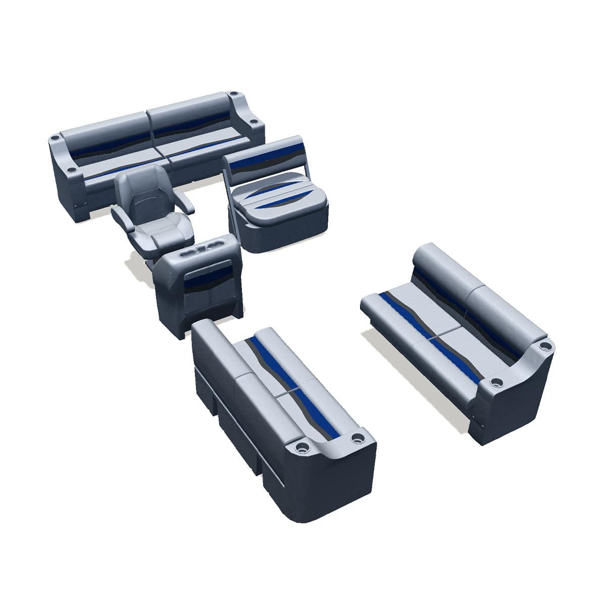 Side entry midship flip flop pontoon seat package with cupholder bow double bench seats #color_gray, blue & charcoal