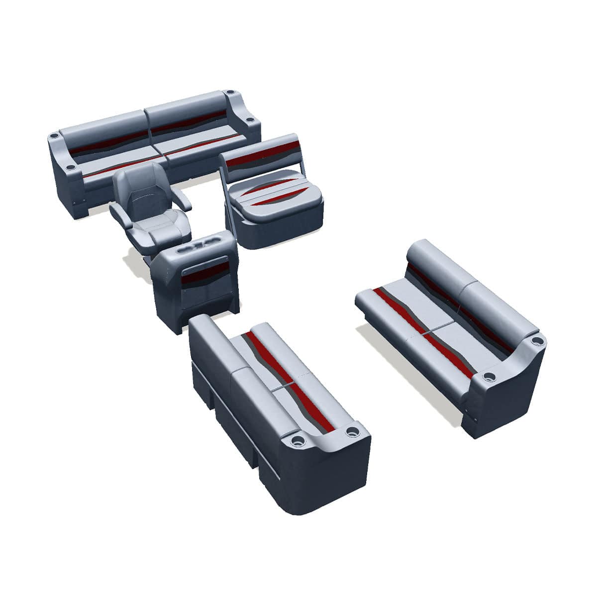 Side entry midship flip flop pontoon seat package with cupholder bow double bench seats #color_gray, red & charcoal