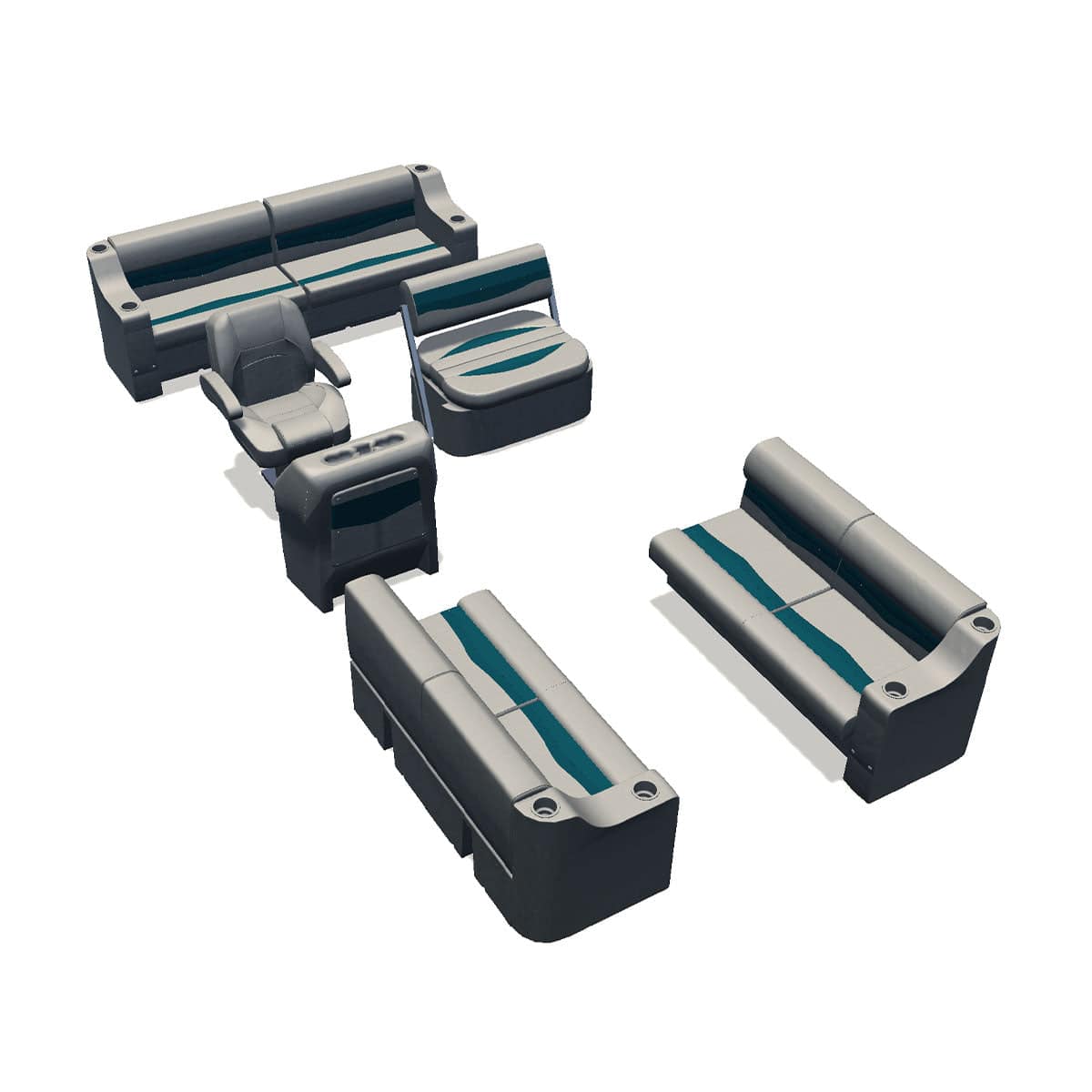 Side entry midship flip flop pontoon seat package with cupholder bow double bench seats #color_ivory & teal