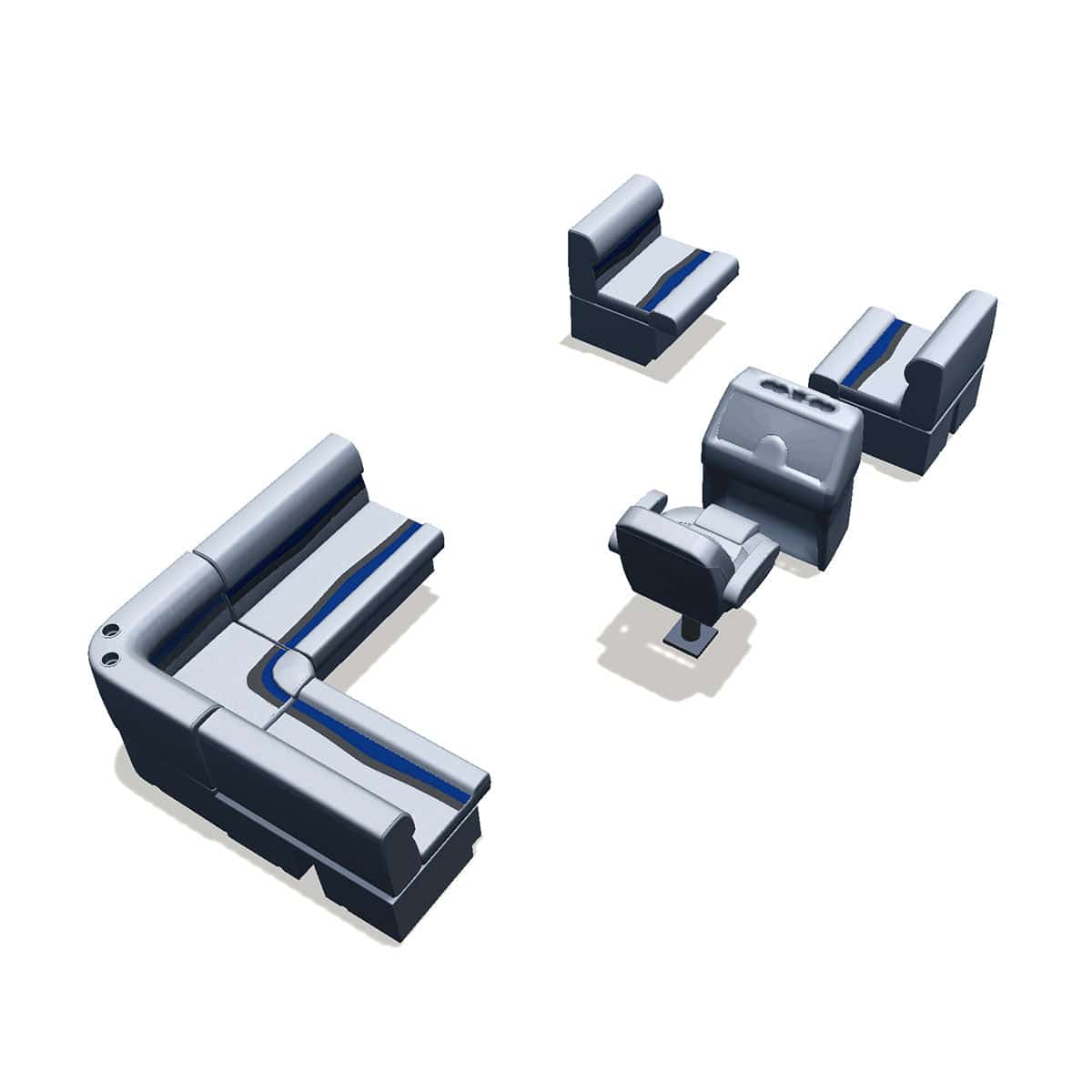 Stern entry aft L-bench pontoon seat package with bow double bench back #color_gray, blue & charcoal