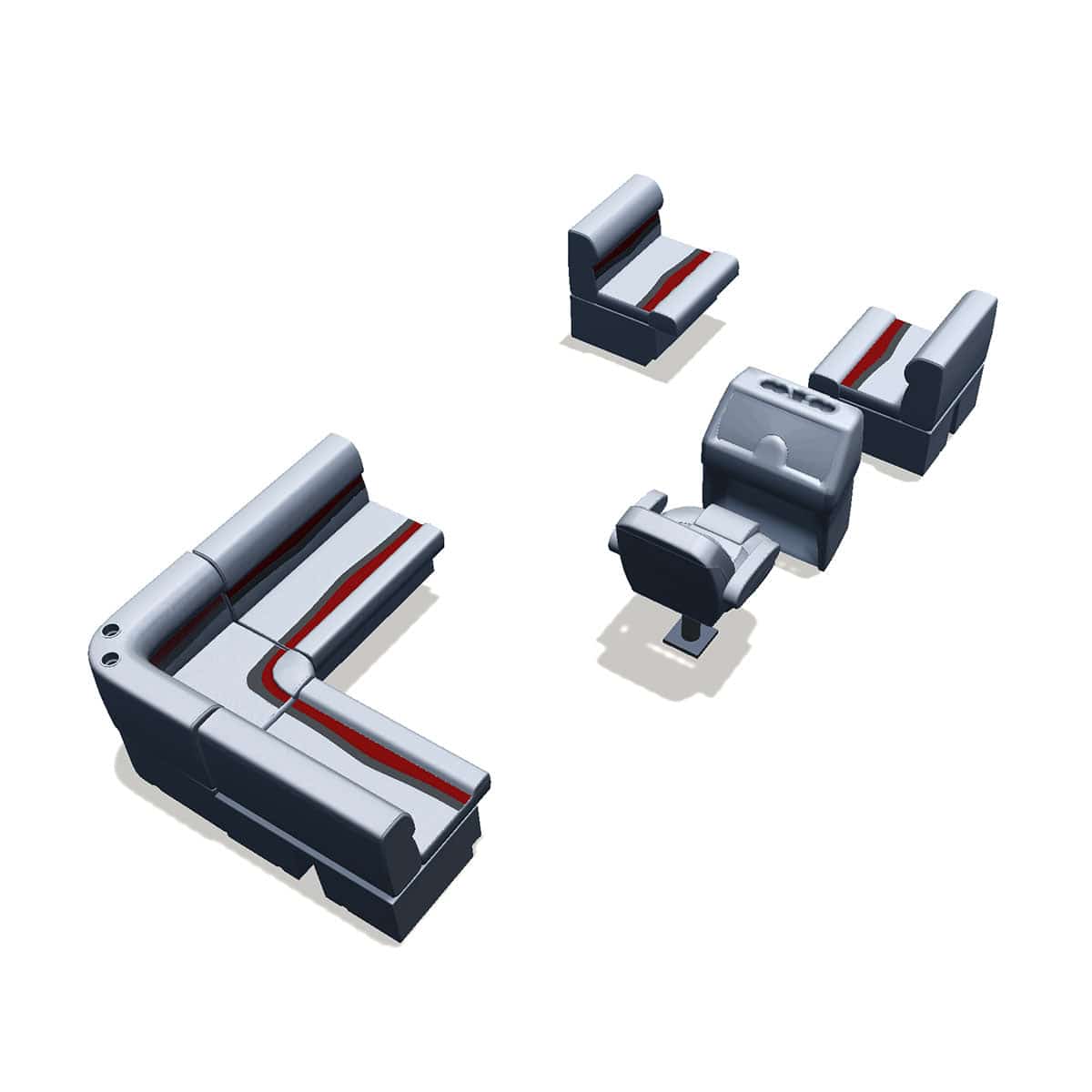 Stern entry aft L-bench pontoon seat package with bow double bench back #color_gray, red & charcoal
