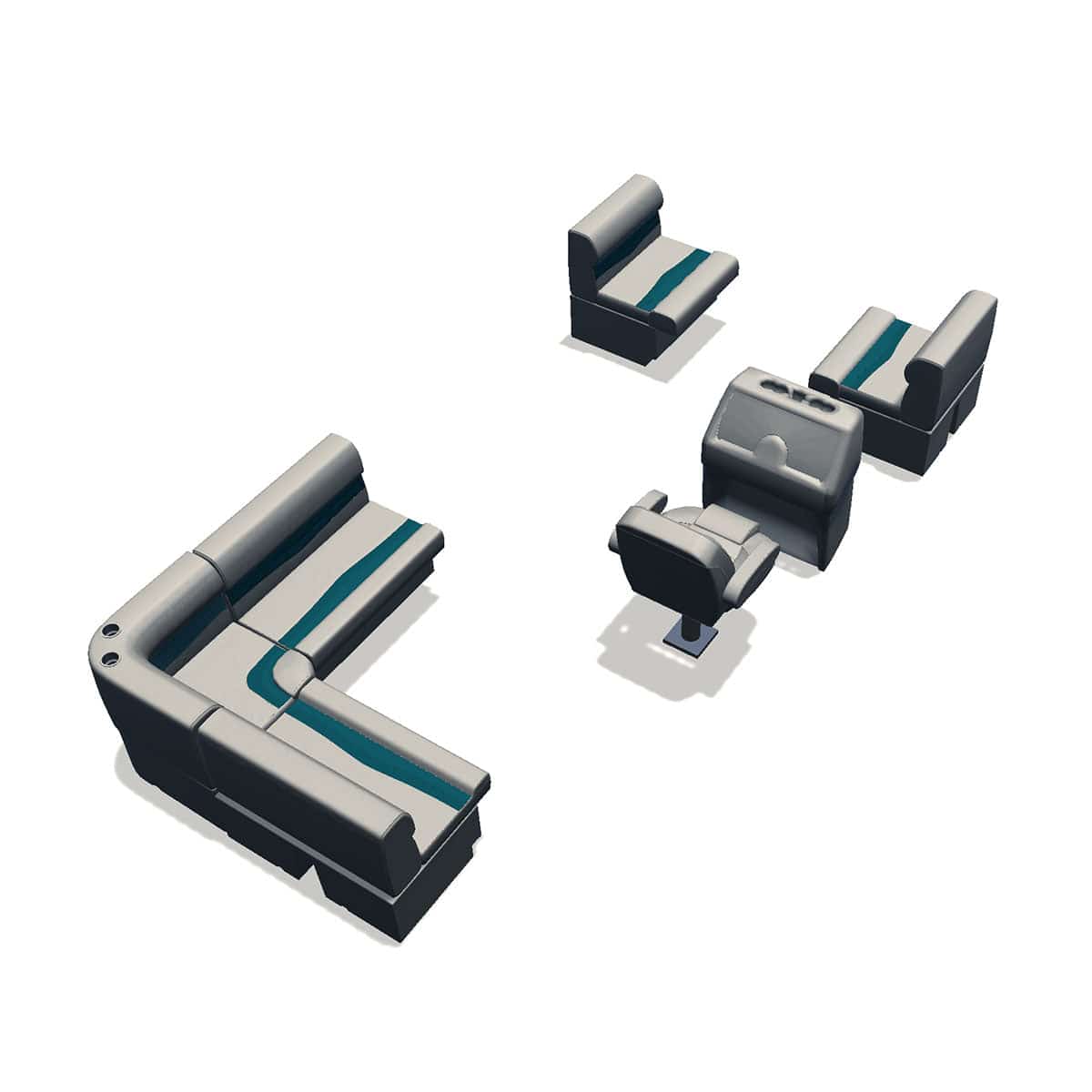 Stern entry aft L-bench pontoon seat package with bow double bench back #color_ivory & teal
