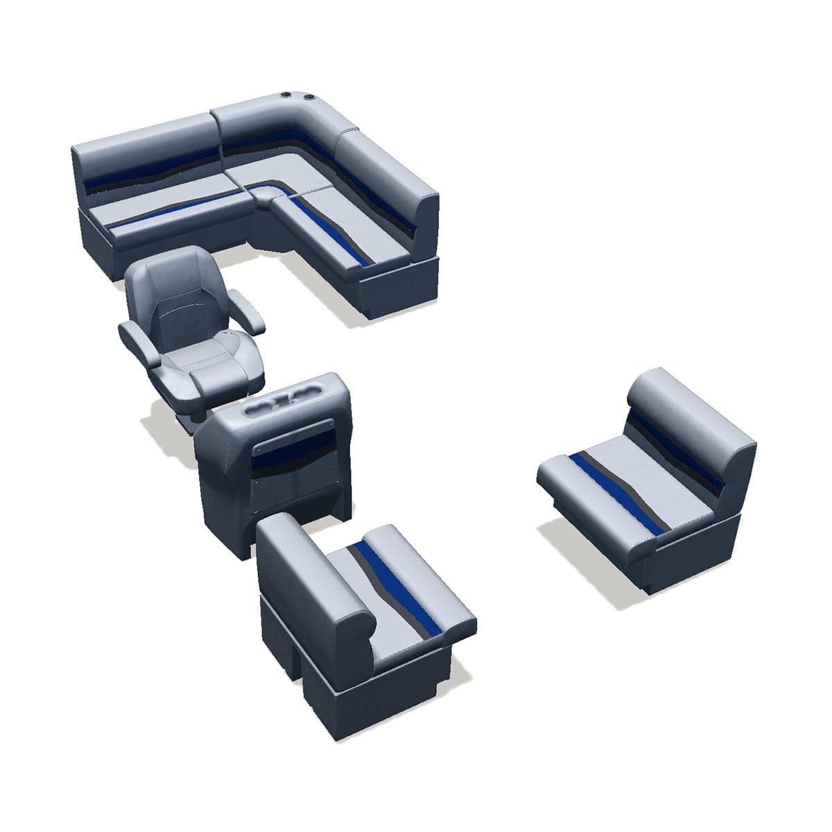 Stern entry aft L-bench pontoon seat package with bow double bench #color_gray, blue & charcoal