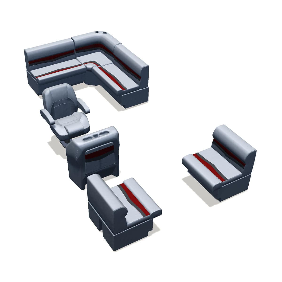 Stern entry aft L-bench pontoon seat package with bow double bench #color_gray, red & charcoal