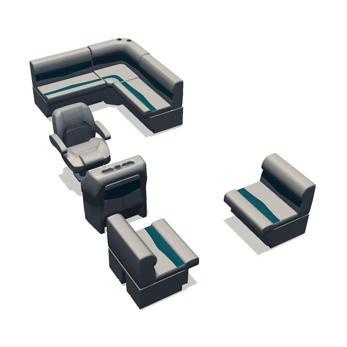 Stern entry aft L-bench pontoon seat package with bow double bench #color_ivory & teal