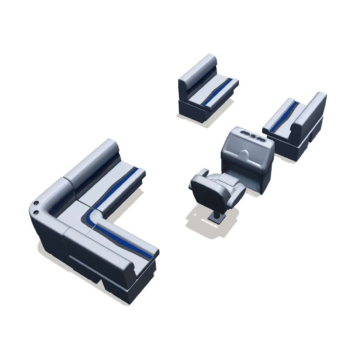 Stern entry pontoon seat package with bow double bench back #color_gray, blue & charcoal