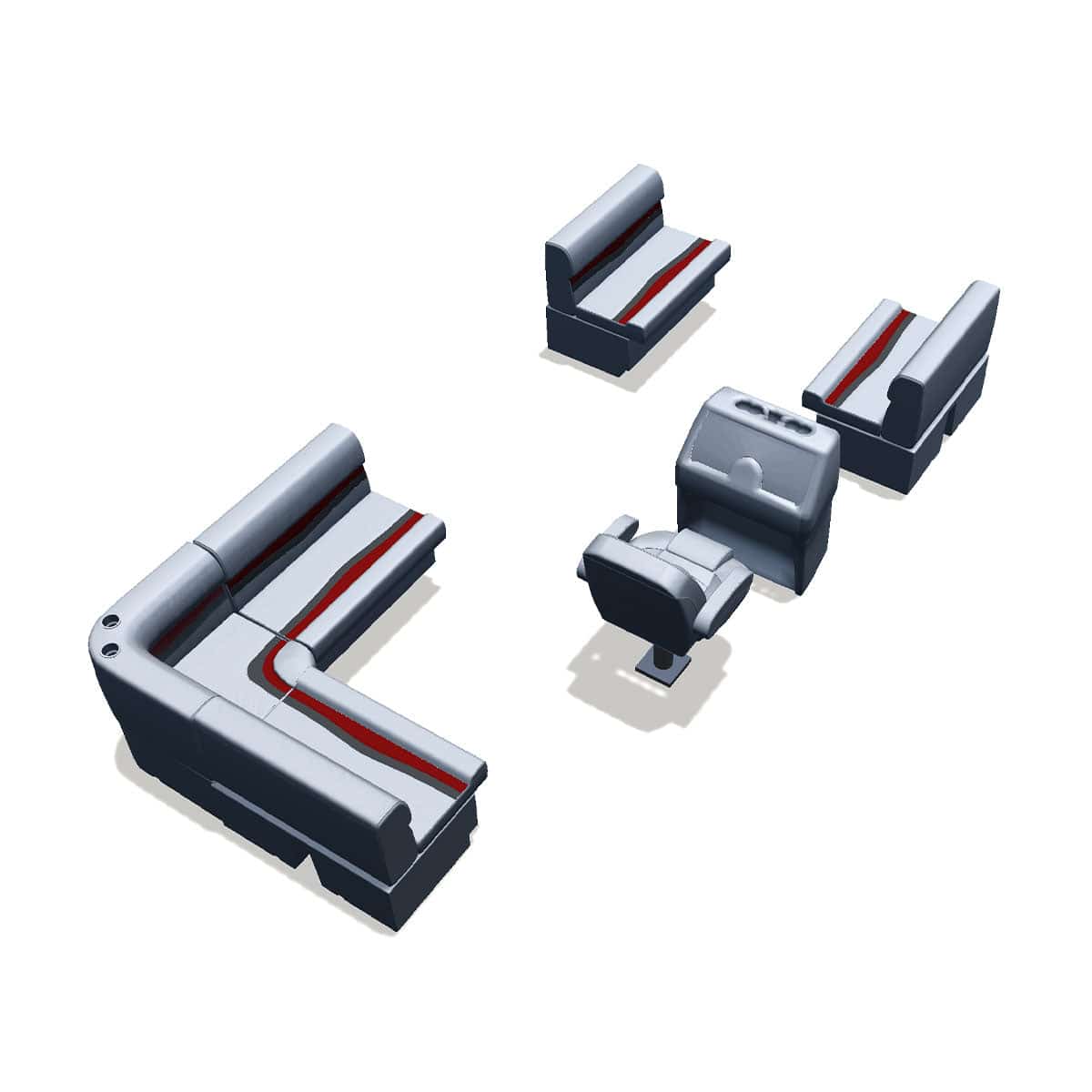 Stern entry pontoon seat package with bow double bench back #color_gray, red & charcoal