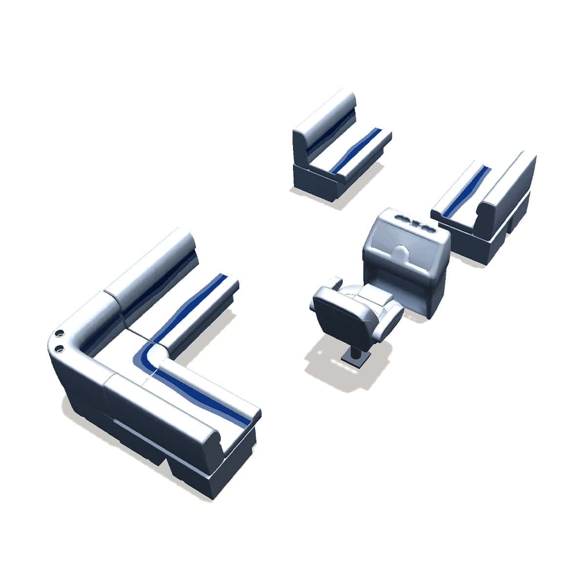 Stern entry pontoon seat package with bow double bench back #color_white, blue & light blue