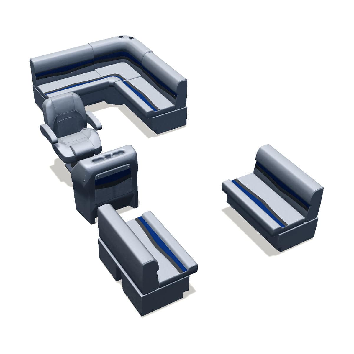 Stern entry pontoon seat package with bow double bench #color_gray, blue & charcoal