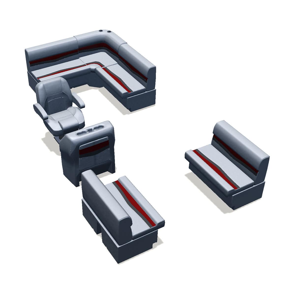 Stern entry pontoon seat package with bow double bench #color_gray, red & charcoal