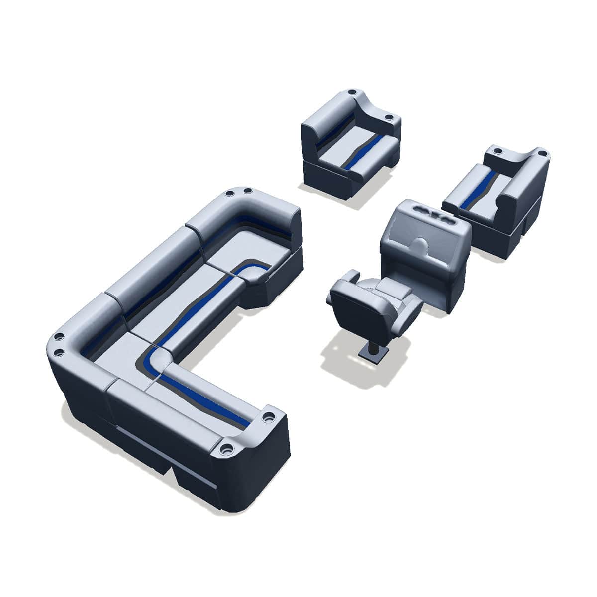 Stern entry pontoon seat package with cupholder bow double bench and corner seats back #color_gray, blue & charcoal