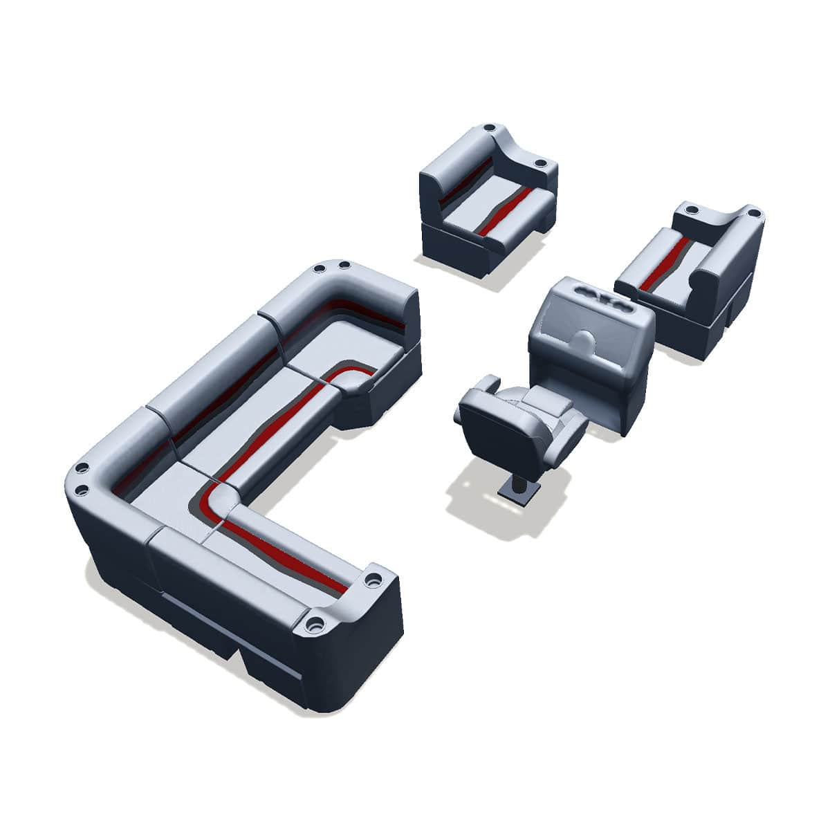 Stern entry pontoon seat package with cupholder bow double bench and corner seats back #color_gray, red & charcoal