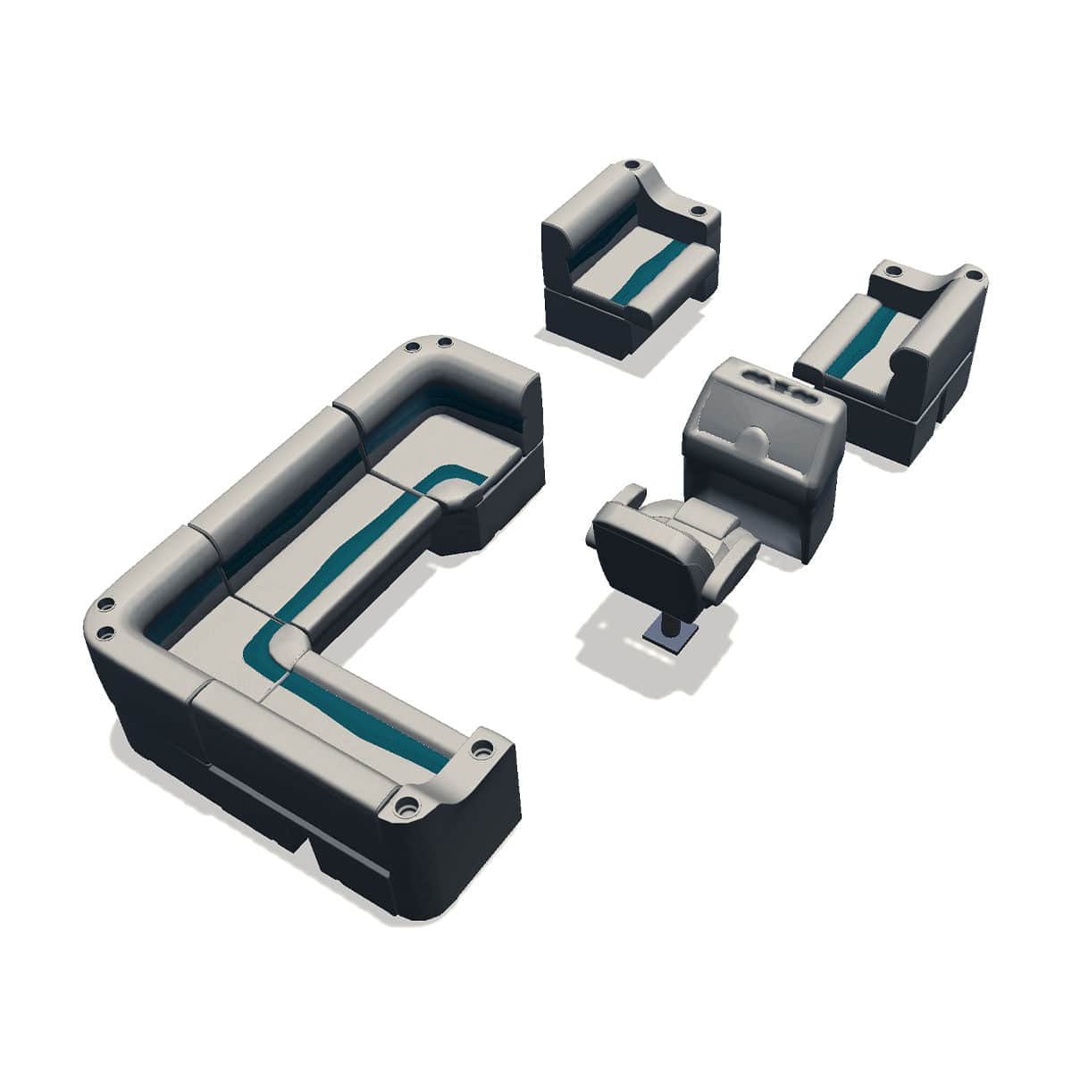 Stern entry pontoon seat package with cupholder bow double bench and corner seats back #color_ivory & teal