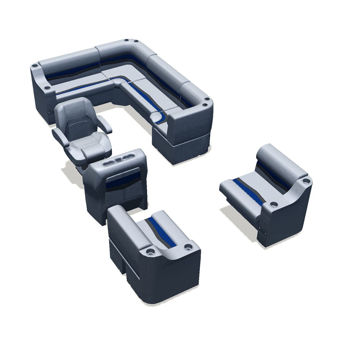 Stern entry pontoon seat package with cupholder bow double bench and corner seats #color_gray, blue & charcoal