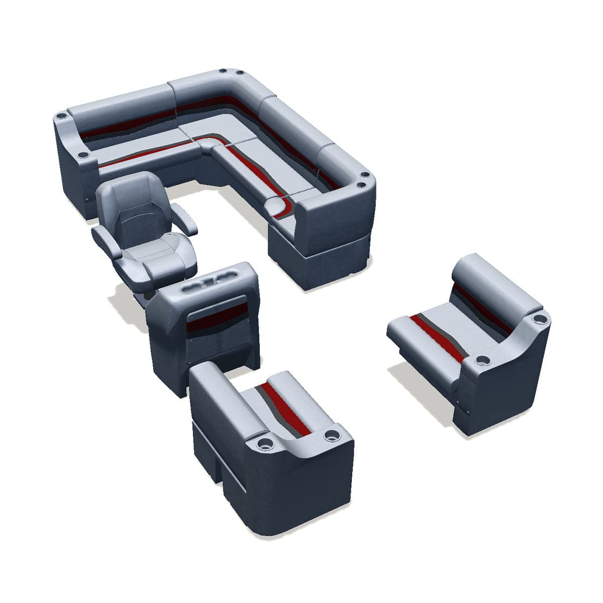Stern entry pontoon seat package with cupholder bow double bench and corner seats #color_gray, red & charcoal