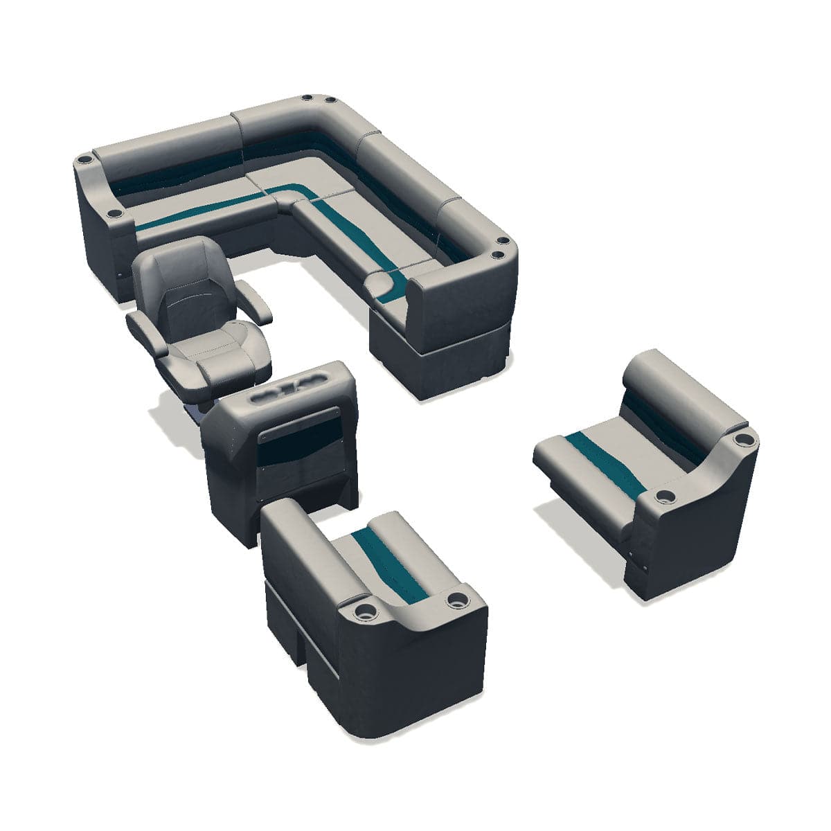 Stern entry pontoon seat package with cupholder bow double bench and corner seats #color_ivory & teal