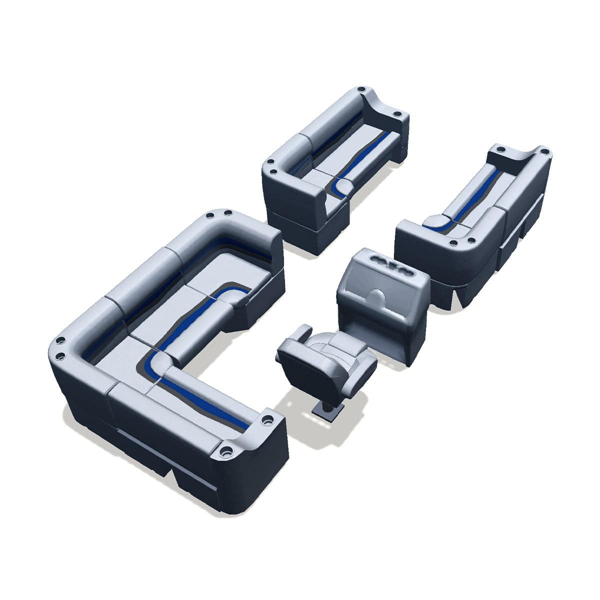 Stern entry pontoon seat package with cupholder bow double bench and corner seats back #color_gray, blue & charcoal