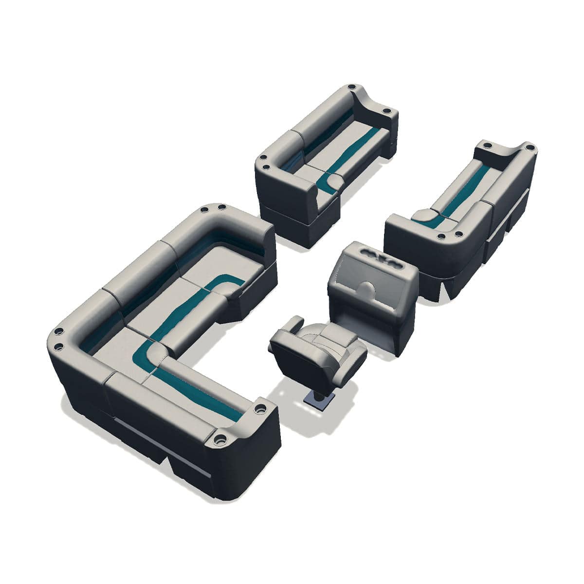 Stern entry pontoon seat package with cupholder bow double bench and corner seats back #color_ivory & teal