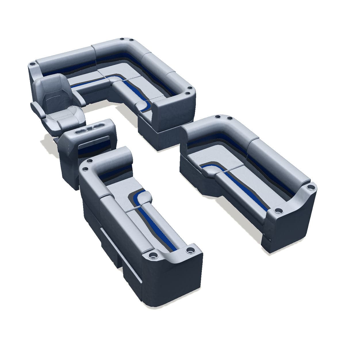 Stern entry pontoon seat package with cupholder bow double bench and corner seats #color_gray, blue & charcoal