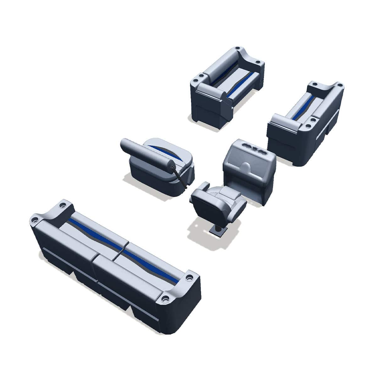 Side entry midship flip flop pontoon seat package with cupholder bow double bench and lean back seats back #color_gray, blue & charcoal