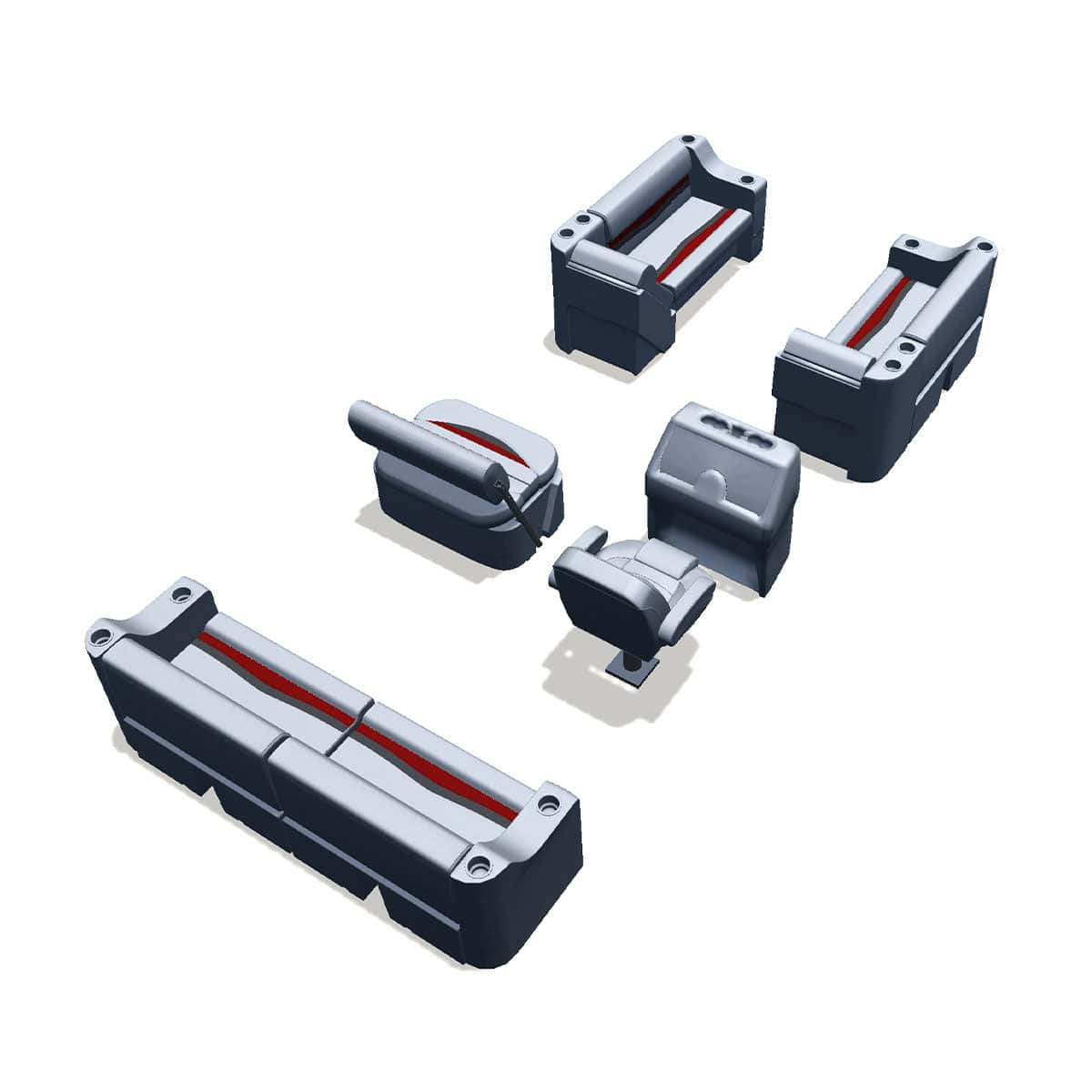 Side entry midship flip flop pontoon seat package with cupholder bow double bench and lean back seats back #color_gray, red & charcoal