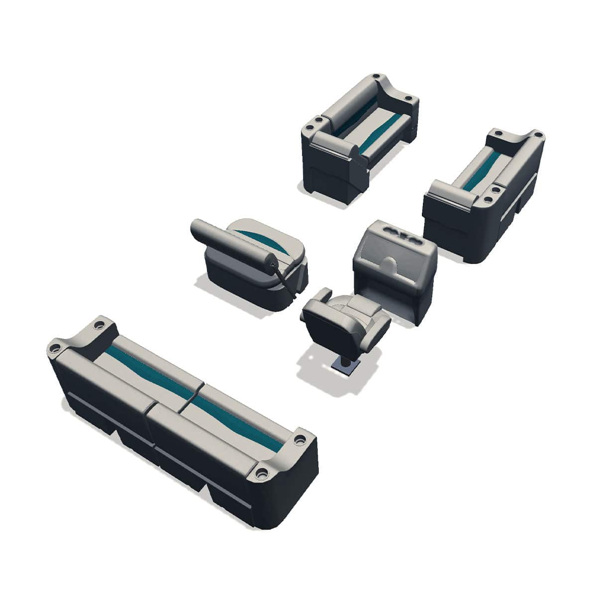Side entry midship flip flop pontoon seat package with cupholder bow double bench and lean back seats back #color_ivory & teal