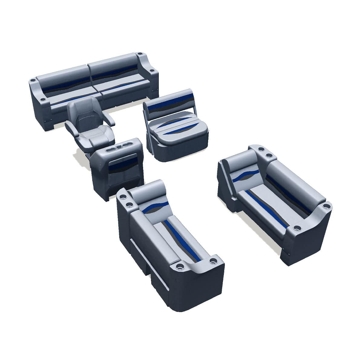 Side entry midship flip flop pontoon seat package with cupholder bow double bench and lean back seats #color_gray, blue & charcoal