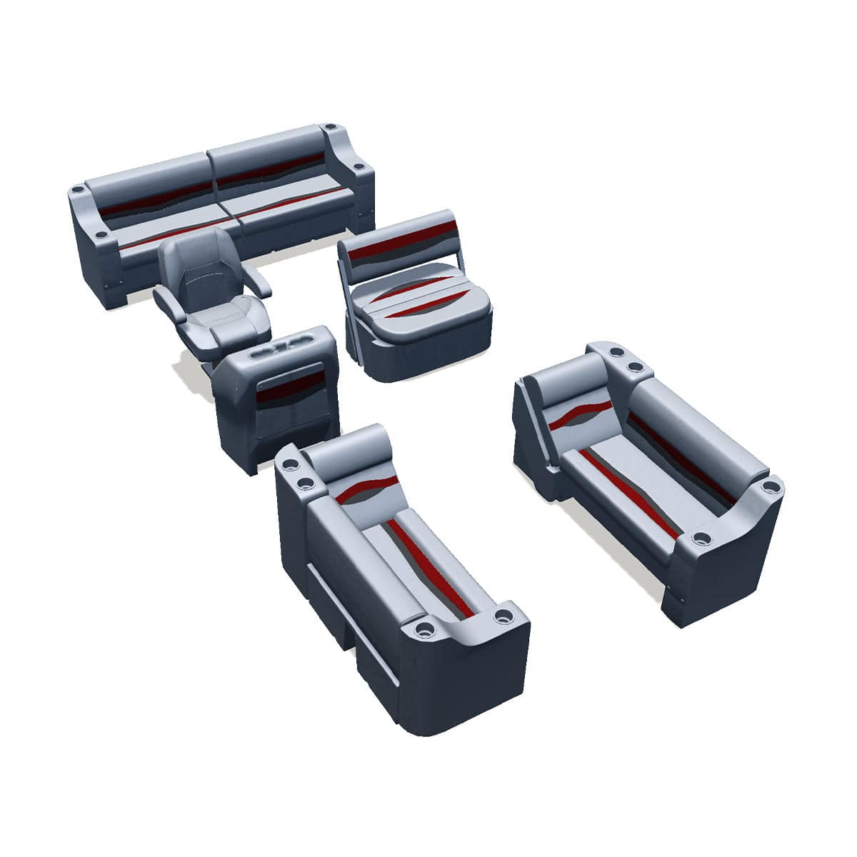 Side entry midship flip flop pontoon seat package with cupholder bow double bench and lean back seats #color_gray, red & charcoal