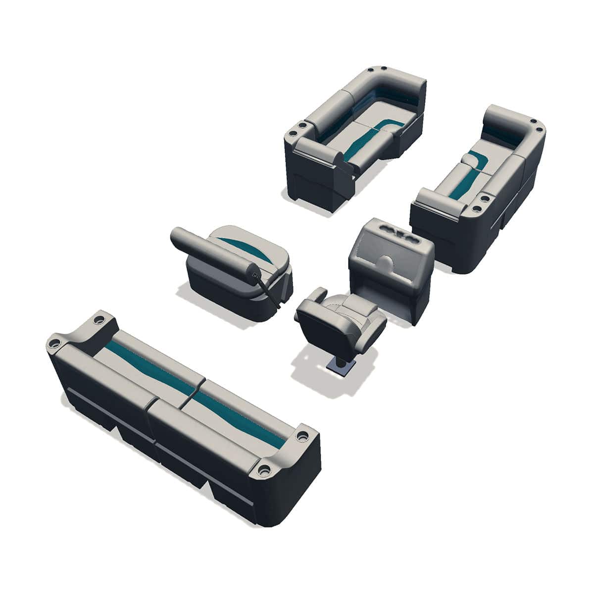 Side entry midship flip flop pontoon seat package with bow double bench lean back seats and corner seats #color_ivory & teal