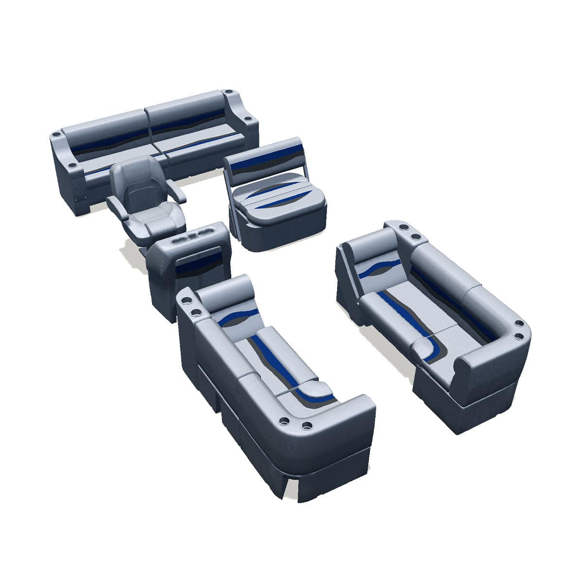 Side entry midship flip flop pontoon seat package with bow double bench lean back seats and corner seats #color_gray, blue & charcoal