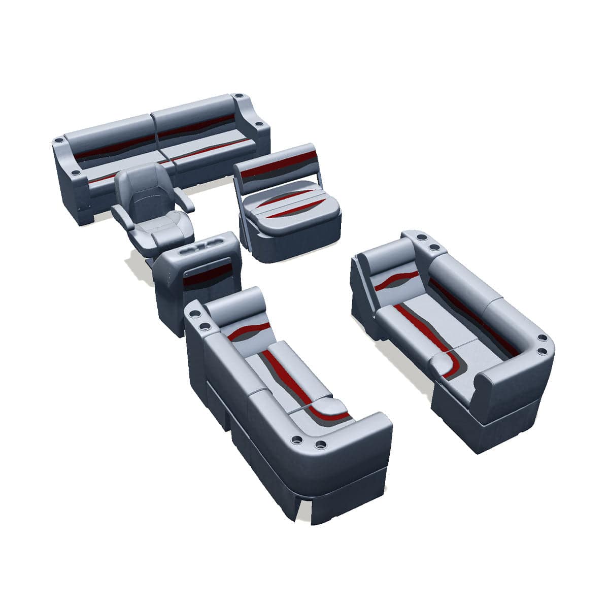 Side entry midship flip flop pontoon seat package with bow double bench lean back seats and corner seats #color_gray, red & charcoal