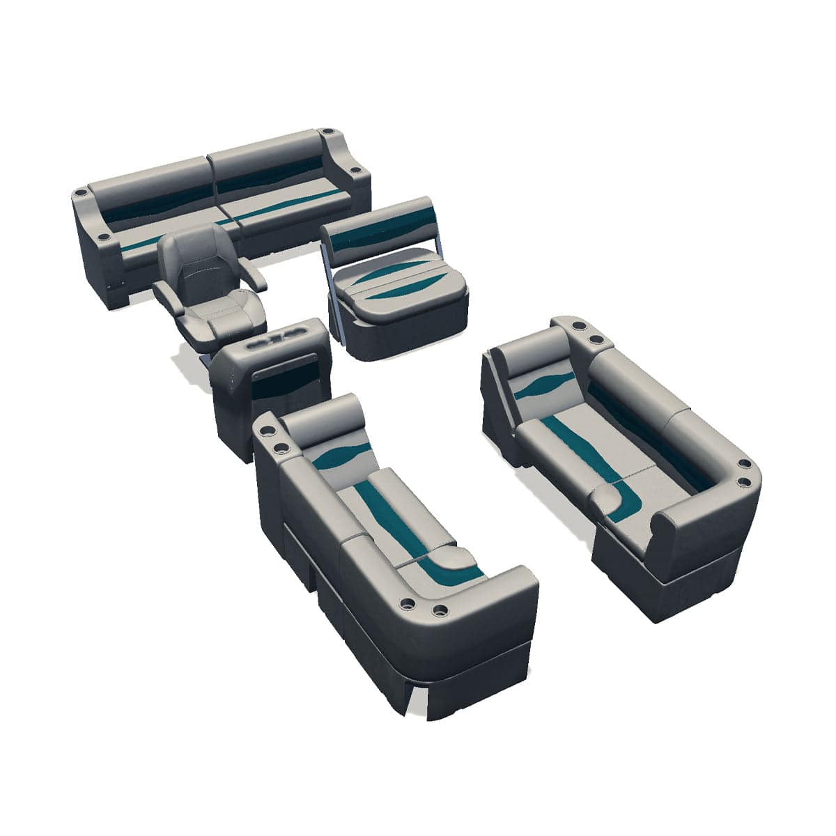 Side entry midship flip flop pontoon seat package with bow double bench lean back seats and corner seats #color_ivory & teal