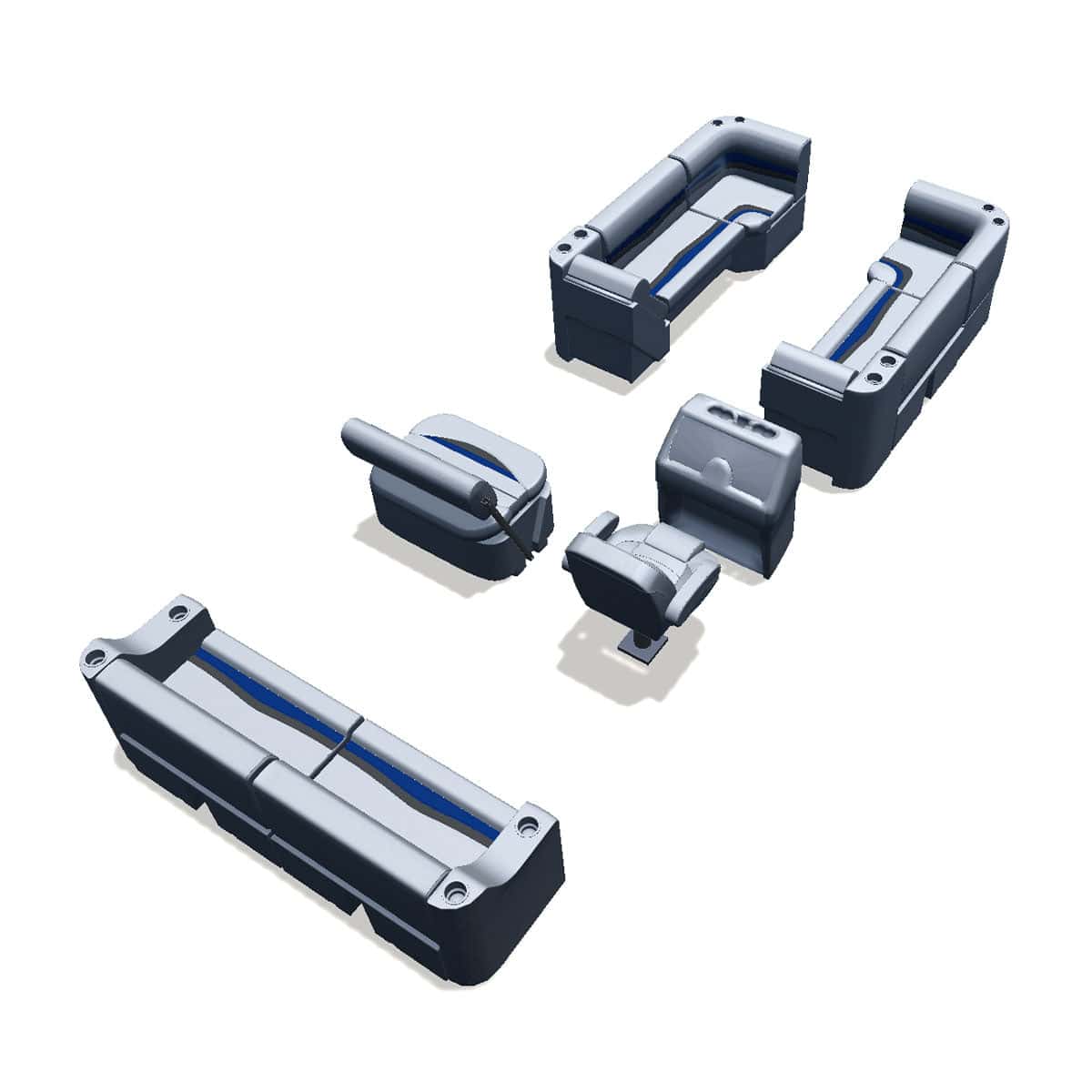 Side entry midship flip flop pontoon seat package with lean back bow double bench and corner seats back #color_gray, blue & charcoal