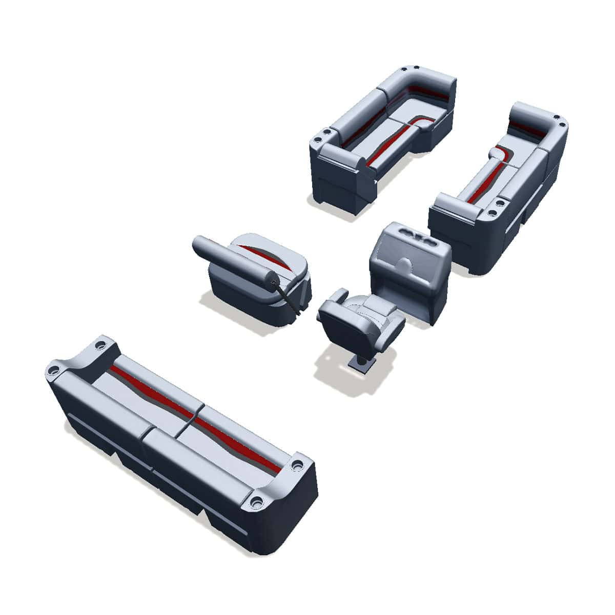 Side entry midship flip flop pontoon seat package with lean back bow double bench and corner seats #color_gray, red & charcoal