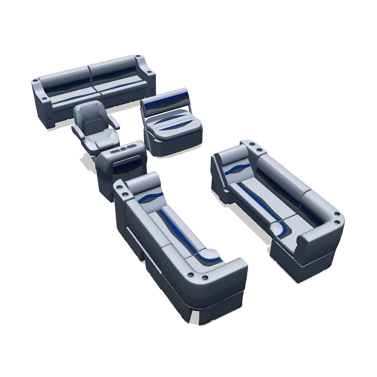 Side entry midship flip flop pontoon seat package with lean back bow double bench and corner seats #color_gray, blue & charcoal