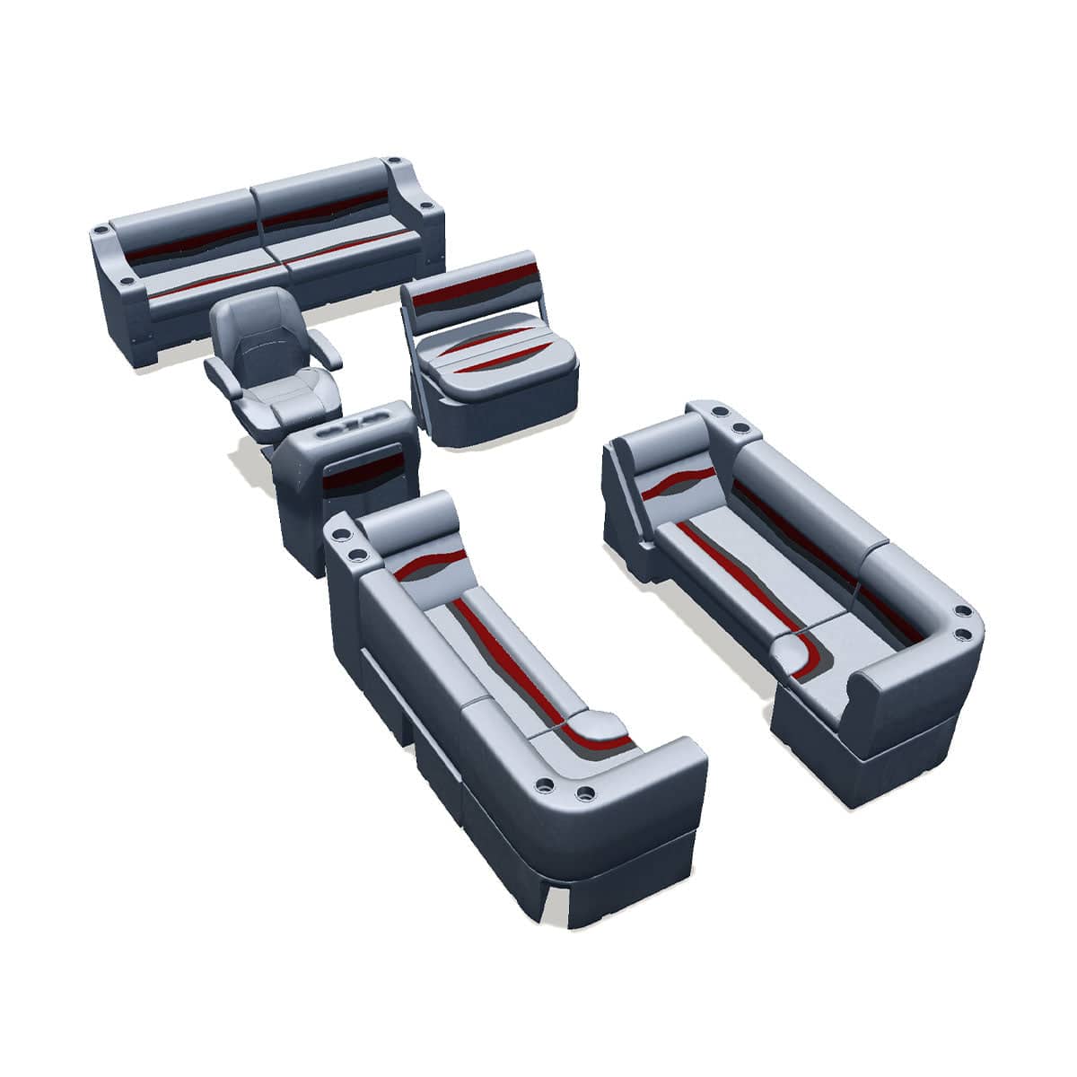 Side entry midship flip flop pontoon seat package with lean back bow double bench and corner seats #color_gray, red & charcoal
