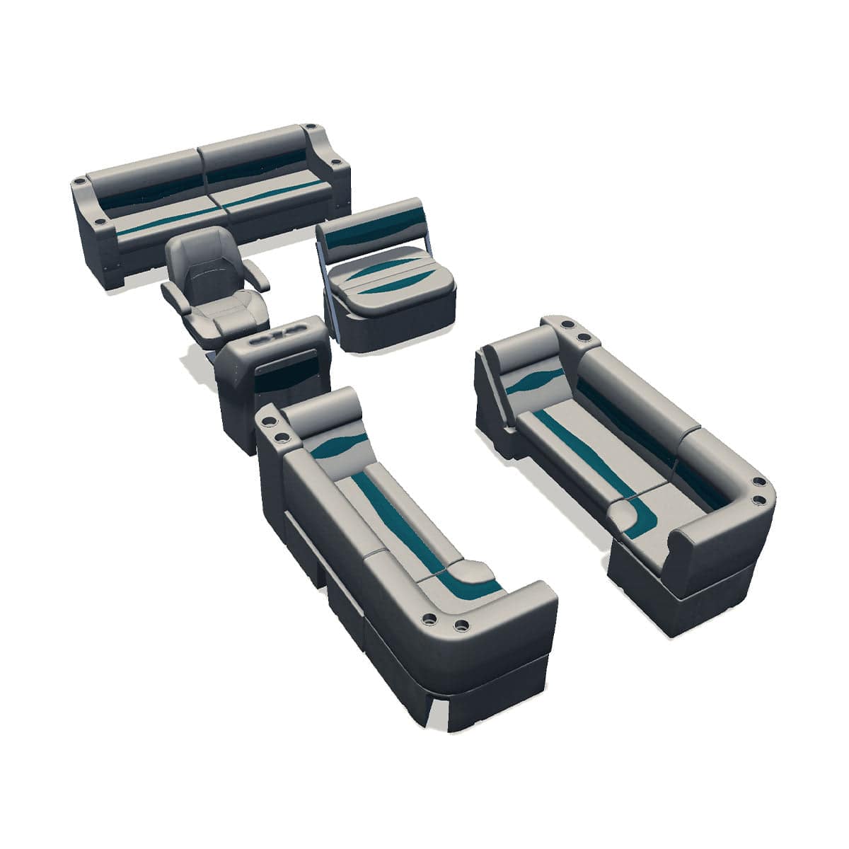 Side entry midship flip flop pontoon seat package with lean back bow double bench and corner seats #color_ivory & teal
