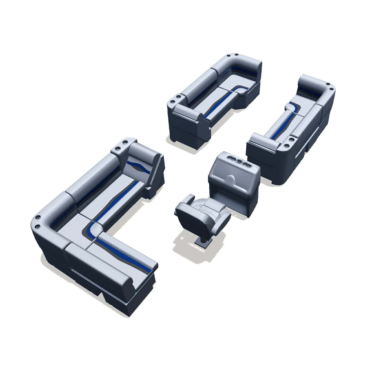Stern entry pontoon seat package with lean back bow double bench and corner seats back #color_gray, blue & charcoal