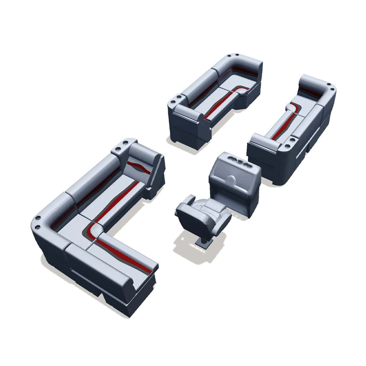 Stern entry pontoon seat package with lean back bow double bench and corner seats back #color_gray, red & charcoal