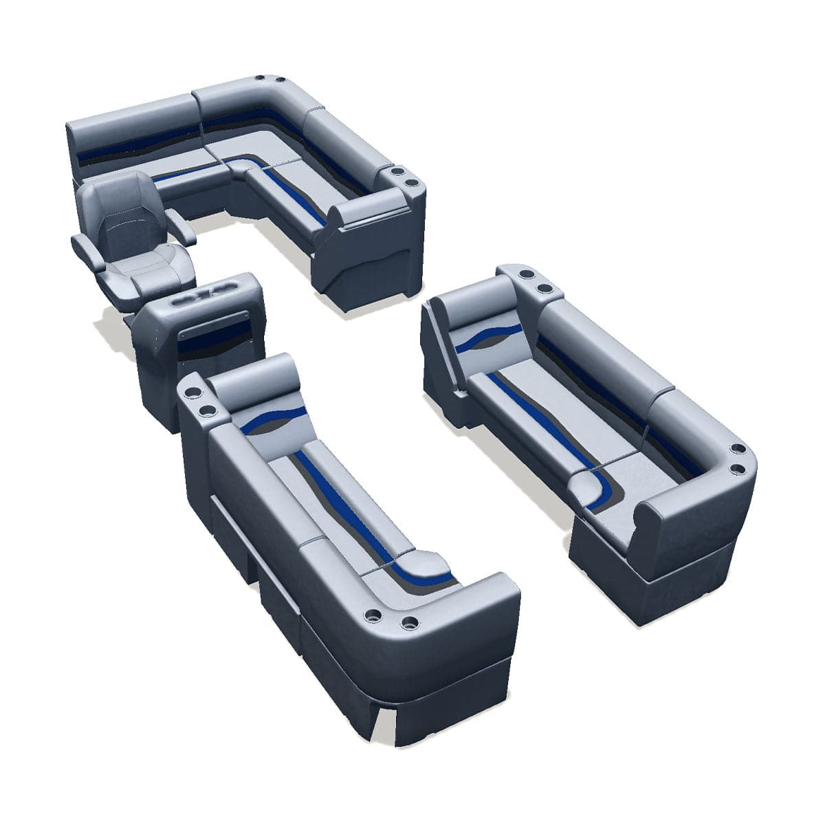 Stern entry pontoon seat package with lean back bow double bench and corner seats #color_gray, blue & charcoal